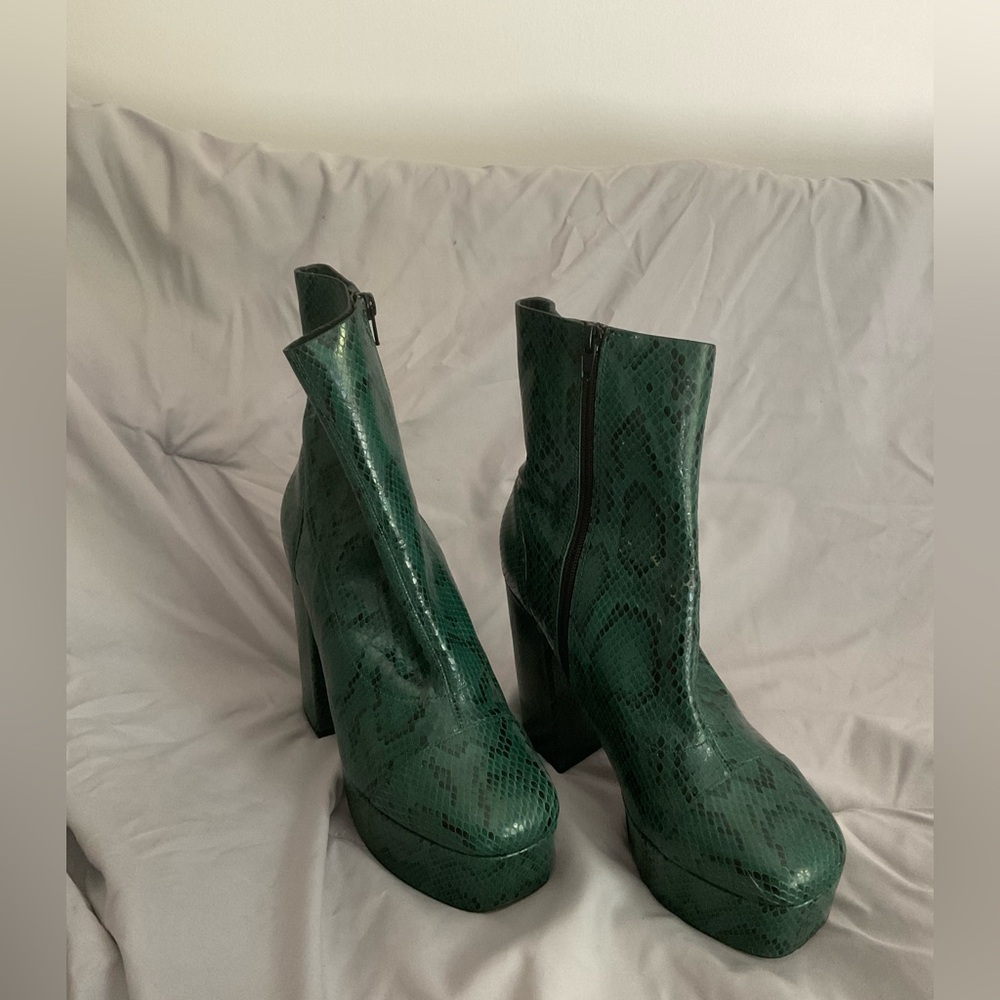 Green Snake Print Platform Ankle Boots